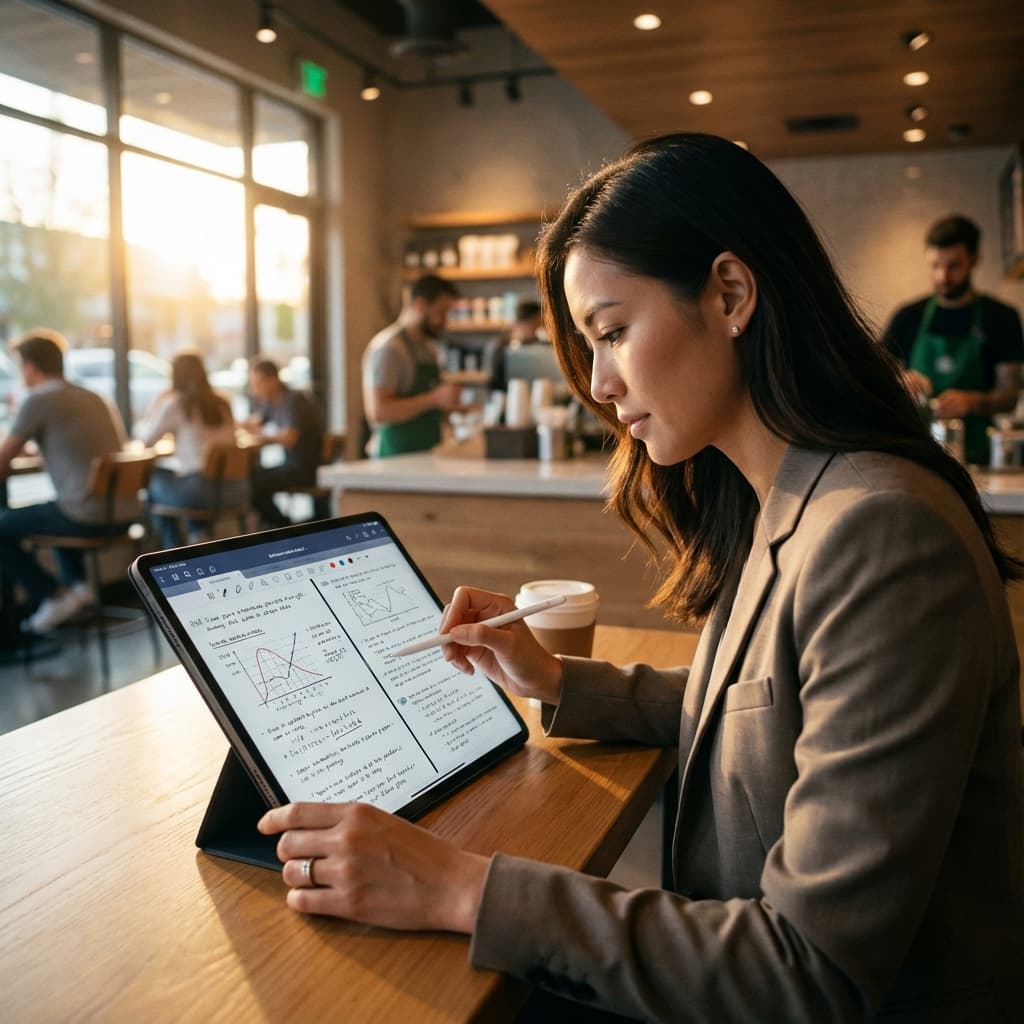 A professional woman studying on a tablet in a coffee shop, demonstrating byte-sized learning.